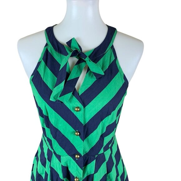 Girls From Savoy Green Navy Striped Halter Sundress Bow Neck Fit Flare Cotton 4 - Picture 2 of 6